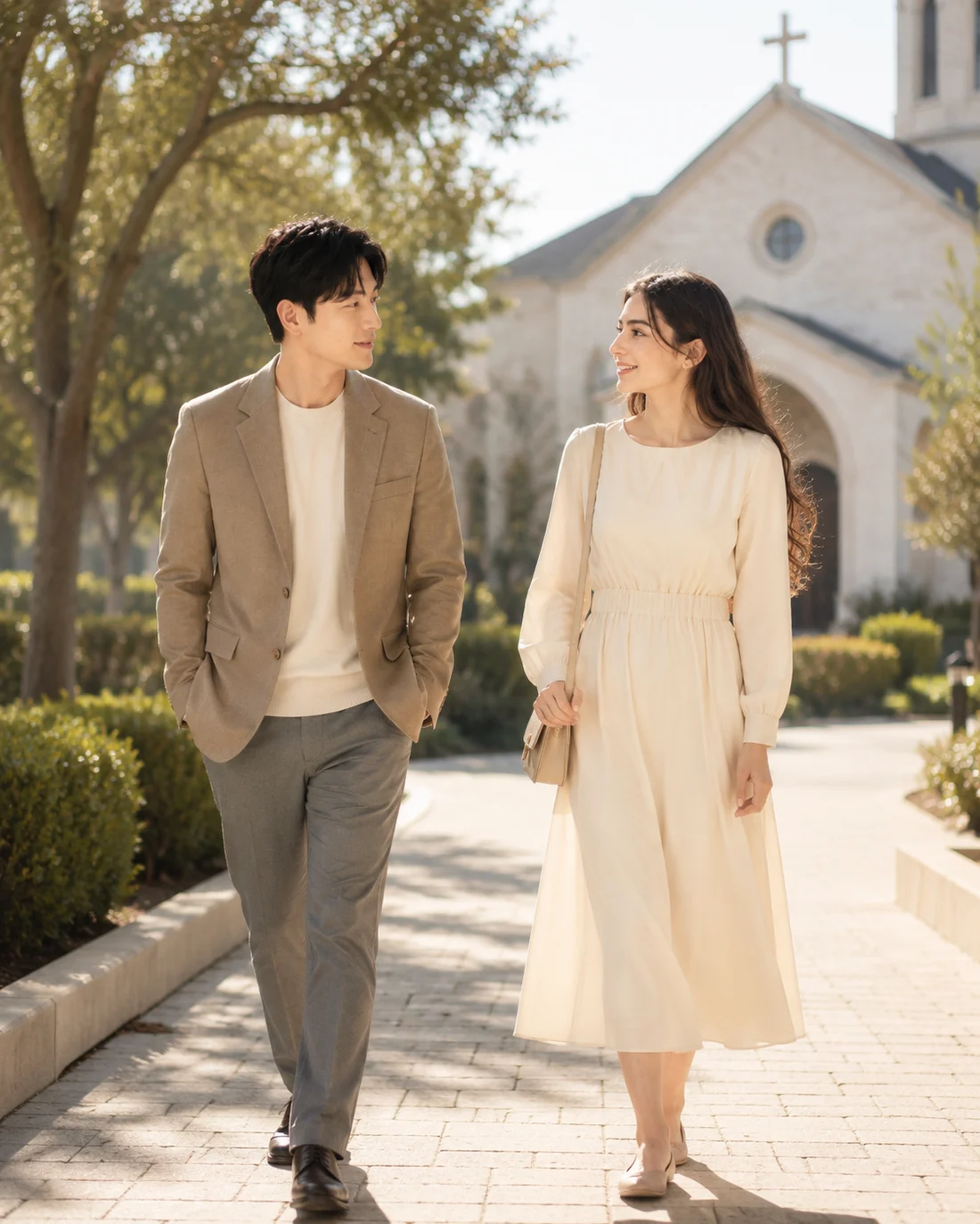 Couple walking together after church