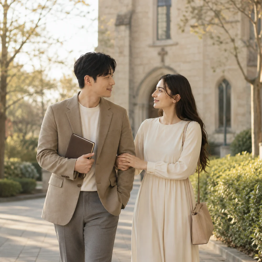 Couple walking near a church together