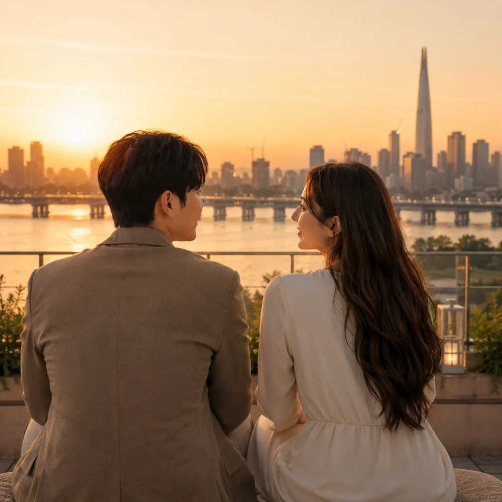 Couple looking at the Seoul skyline at sunset