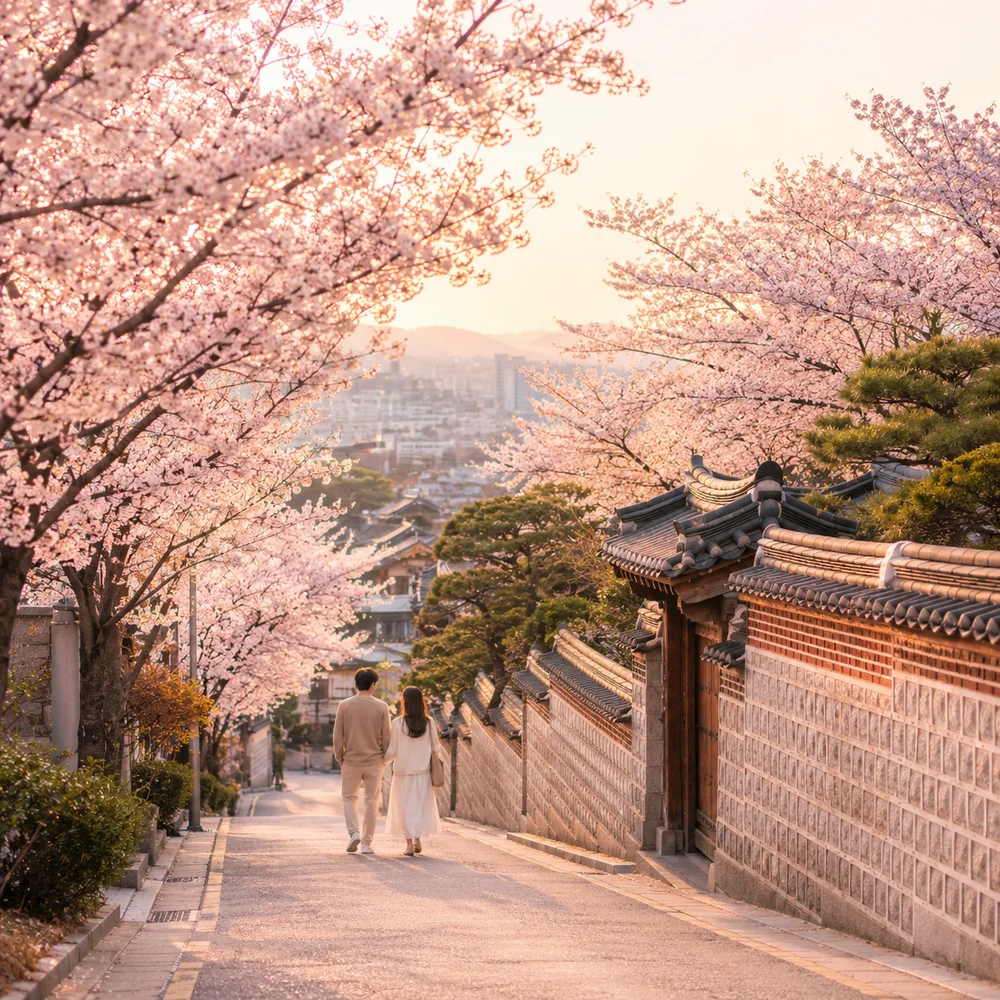桜並木を歩む二人