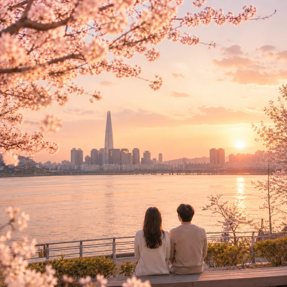 漢江で過ごす夕暮れの二人