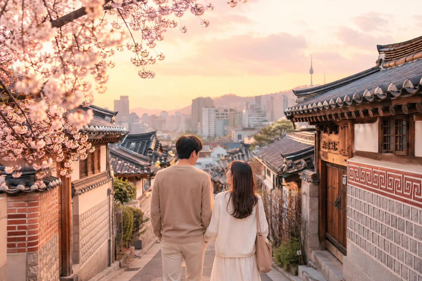 夕暮れの韓国の街を歩む二人